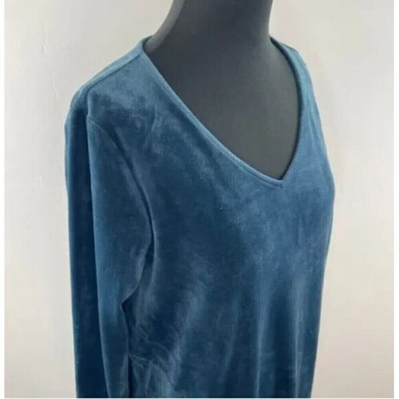J Jill Pure Jill Velour Tunic Top Size M Teal Long Sleeve Draped Slit V-Neck - Picture 5 of 9